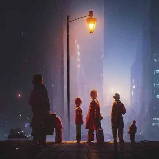 Image similar to some people waiting at bus stop in dark city night : : by beeple and james gilleard and justin gerard : :, centered, artstation, smooth, sharp focus, photoreal octane render, 3 d, by jean - baptiste monge!!!!!!!