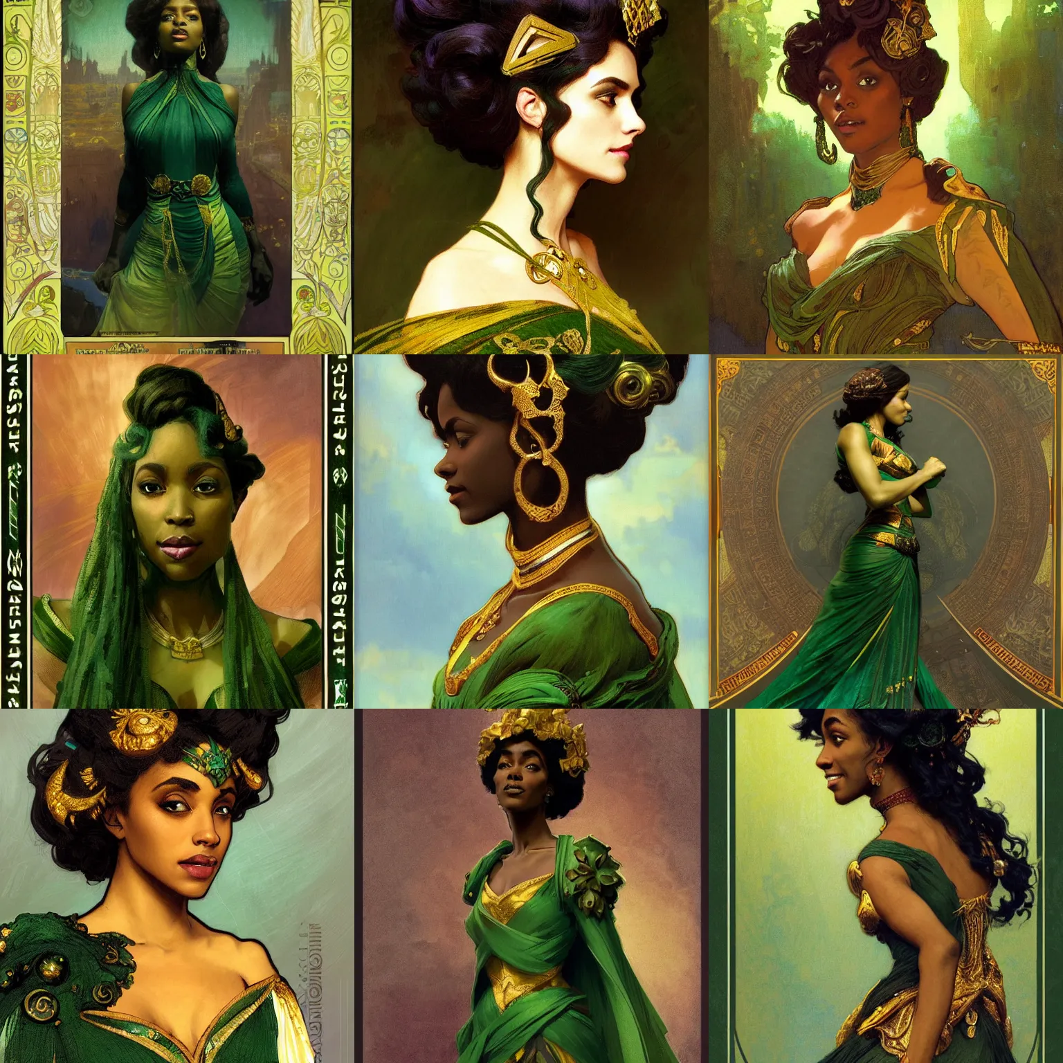 Prompt: a duchess from !Nubia, dark skin, wearing elaborate green and gold, !updo hair, charismatic, warm friendly face, half-body shot, fantasy character portrait by Alphonse Mucha, Greg Rutkowski, Craig Mullins, Gaston Bussiere