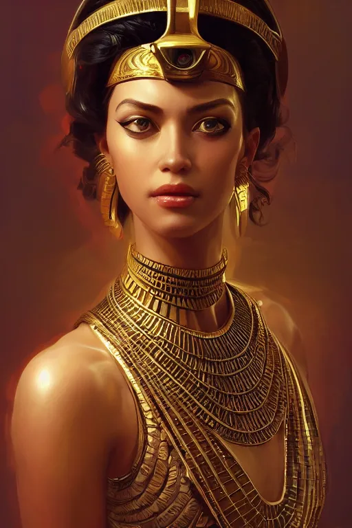 Image similar to egyptian princess, gorgeous, portrait, powerful, intricate, beautiful, masterpiece, elegant, volumetric lighting, digital painting, highly detailed, artstation, sharp focus, illustration, Hajime sorayama, ruan jia