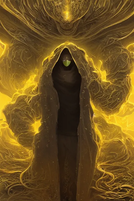 Image similar to A full body portrait of a mysterious character with no face with a very long hooded yellow cloak, a golden crown floating above his head tentacles coming out the ground art by Maciej Kuciara and Jason Chan, ominous, cosmic horror, trending on artstation, Ultra detailed, hyper realistic 4k