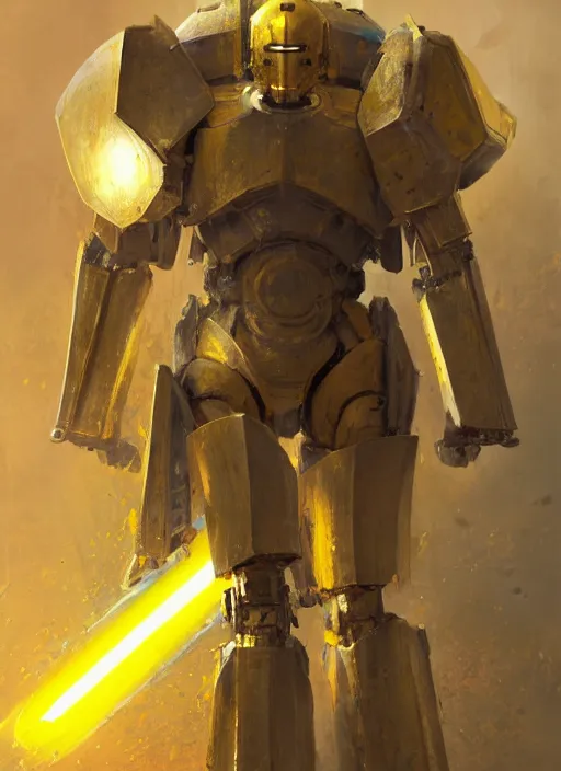 Image similar to human-sized strong intricate yellow pit droid carrying very detailed great sword and beautiful large paladin shield and longsword, pancake short large head, exposed metal bones, painterly humanoid mecha, by Greg Rutkowski