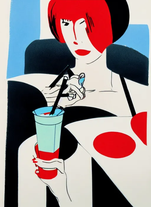 Prompt: a sketch of a woman with large blue eyes, thin nose, red lipstick and black bob with fringe, wearing a white shirt, seated at a table, drinking a milkshake with a straw, by Saul Bass