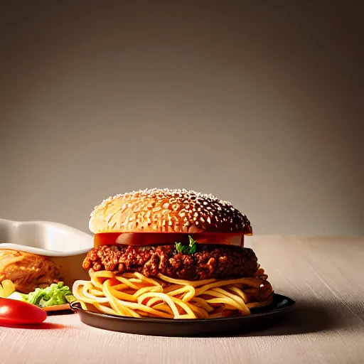 Prompt: hamburger with spaghetti inside, commercial photograph