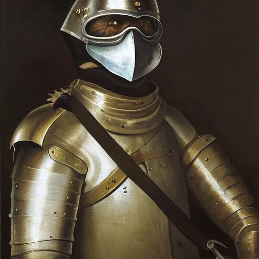 Prompt: portrait painting of a medieval knight soldier wearing gas mask by George Stubbs, renaissance painting, oil painting, old master