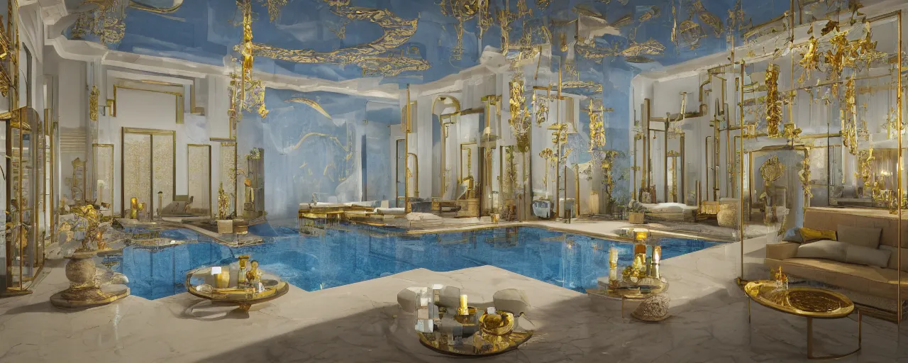 Image similar to 3 d render of a cinematic interior of a triple height hyper luxury spa with everything made of gold, candles, windows with view to desert mountains and river, beige stone marble floor with reflection, small wellness relaxation pool, potted plants, intricate hieroglyph detailed roof, contemporary design, fractal sacred geometry, 8 k, hyperrealistic, photorealism,