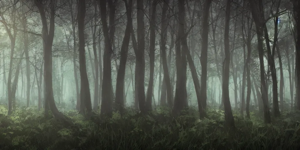 Prompt: dark forest at dawn, anime background