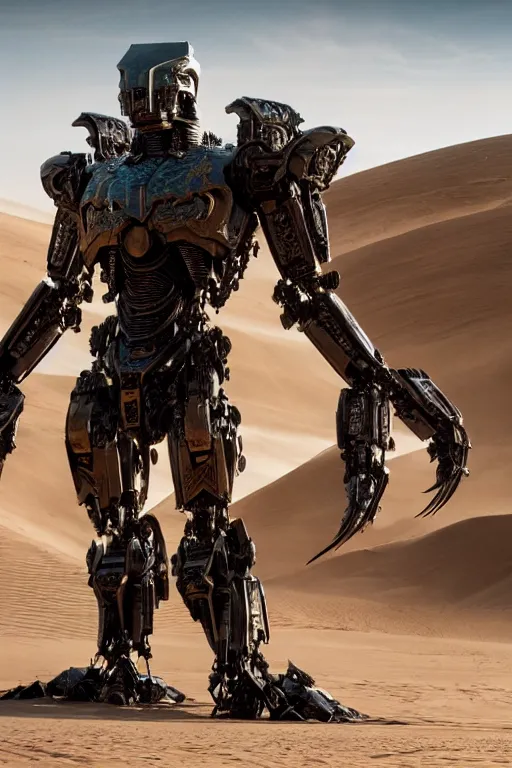 Image similar to cinematic still in westworld and dune movie and pacific rim movie and ps 5 game machine warrior 5, intricate ornate humanoid mecha warrior,