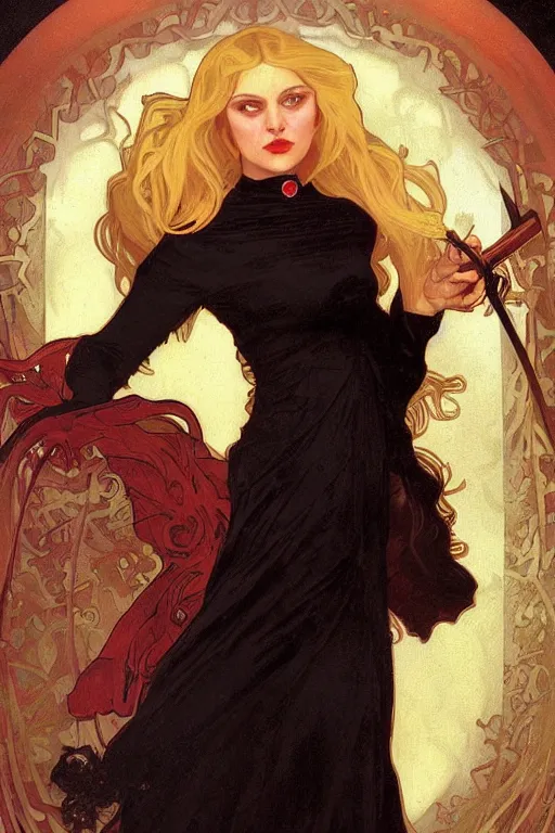 Image similar to female occultist, sweeping wild blonde hair, red eyes, portrait, high cheekbones, smug, evil, Victorian, black velvet dress, dark colors, ruby jewelry, fantasy painting, trending in Artstation, GSociety, by Alphonse Mucha, Brom, William-Adolphe Bouguereau