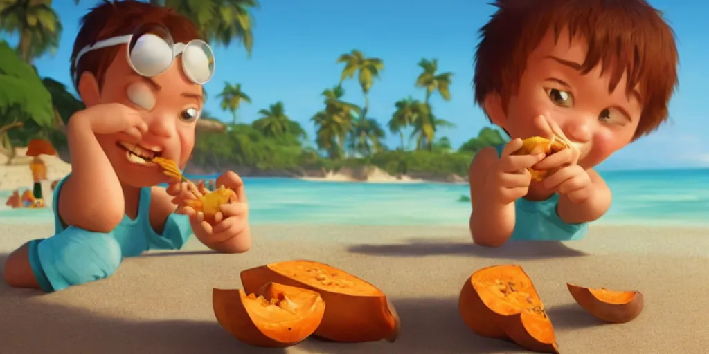 Prompt: a wholesome animation key shot of a kid eating a sweet potato at a tropical beach, medium shot, waist up, studio Pixar and Disney animation, sharp, very detailed, high resolution, Rendered in Unreal Engine 5, anime key art by Greg Rutkowski, Bloom, dramatic lighting