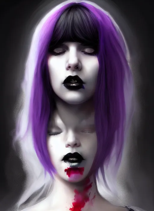 Image similar to portrait of white teenage girl, normal face, black bangs, mall goth, cyberlox, black and white hair, bangs, fluffy bangs, red contacts, purple lipstick, intricate, elegant, highly detailed, digital painting, artstation, concept art, sharp focus, smooth, illustration, art by wlop, mars ravelo and greg rutkowski