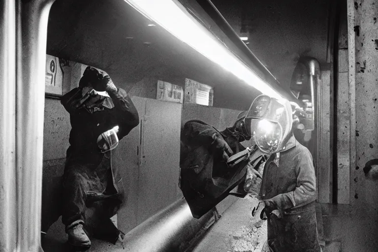 Prompt: Welder in welding mask in a subway, by Richard Avedon, tri-x pan stock