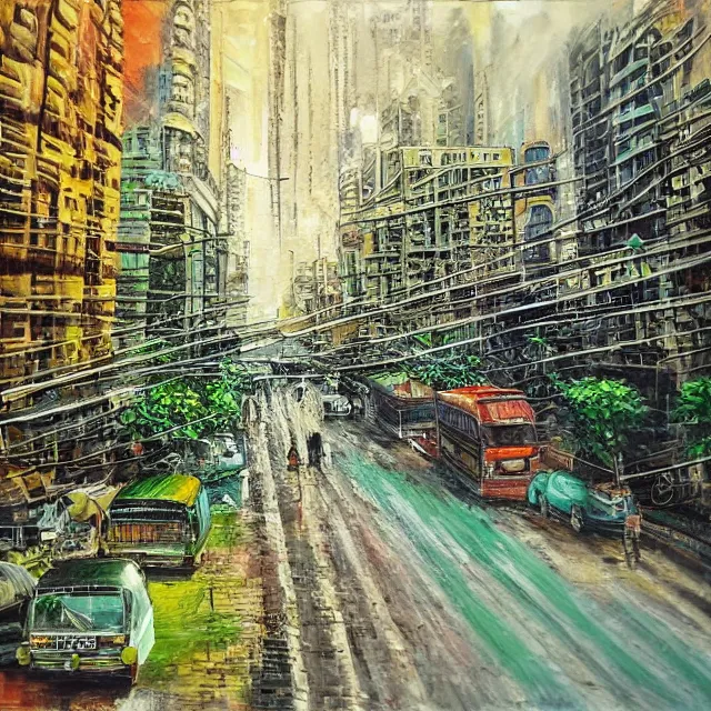 Prompt: streets of mumbai, future, mossy buildings, high fidelity, uncompressed, photorealistic oil painting, straight lines