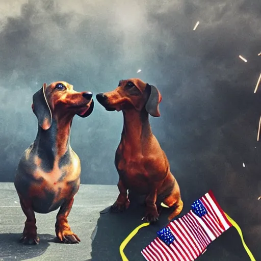 Image similar to a Dachshund as a dragon destroying new york city during 4th of July fireworks