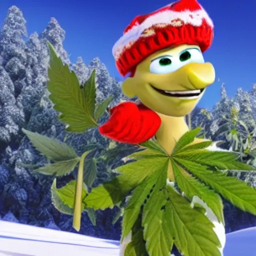 Image similar to cannabis leaf character snow boarding photo taken by pixar