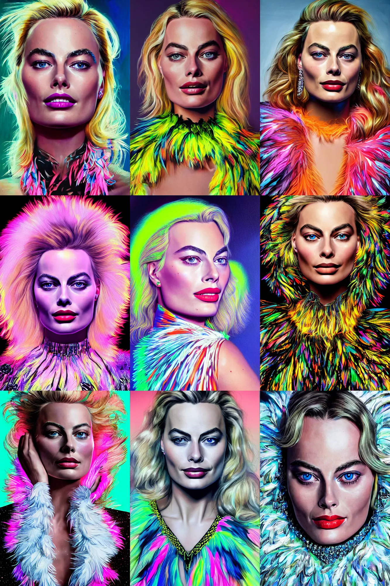 Prompt: Detailed portrait of beautiful Margot Robbie strong neon lighting, extravagant feathered collar, futuristic by glenn fabry, hyper realistic, HD, oil on canvas