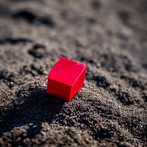 Prompt: cube shaped ruby standing on sand, macro photo, high detail, nikon d 8 1 0, ƒ / 5. 6, focal length : 6 0. 0 mm, iso : 2 0 0