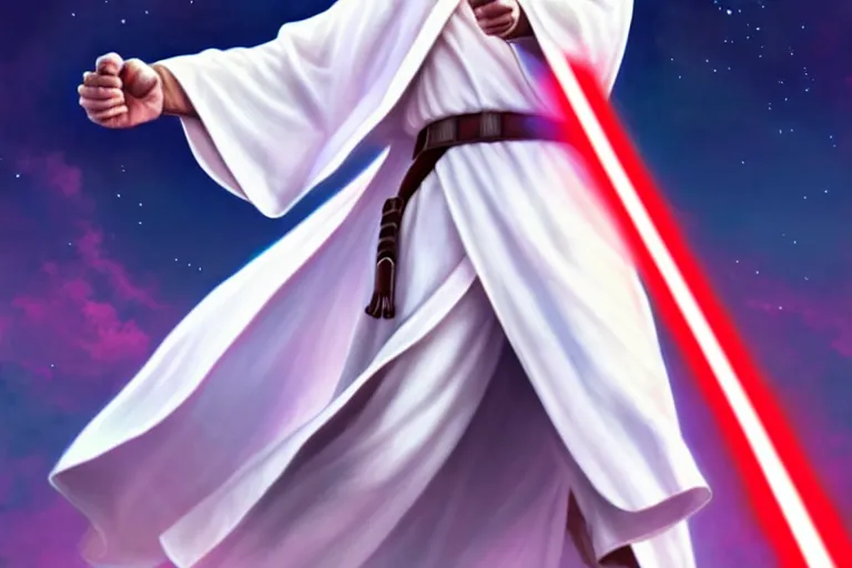 Image similar to jesus christ in a white robe striking an action pose, holding a lightsaber ; art by artgerm ; digital art ; character art ; star wars