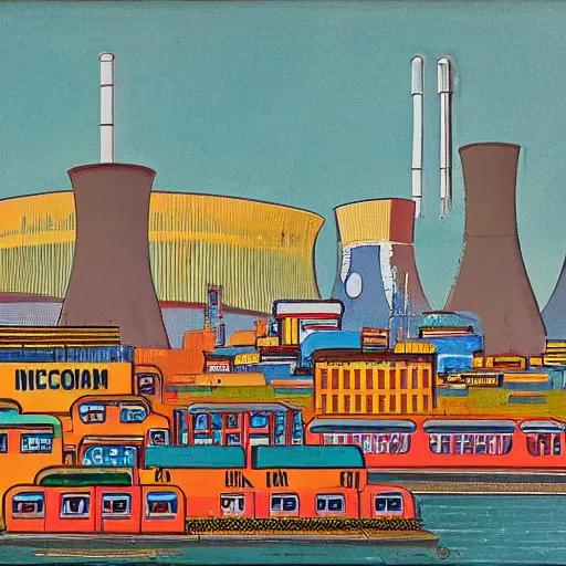 Prompt: utopian nuclear power station in a bustling city with trains and crowds, bright colours, in the style of Edwin La Dell, post-war