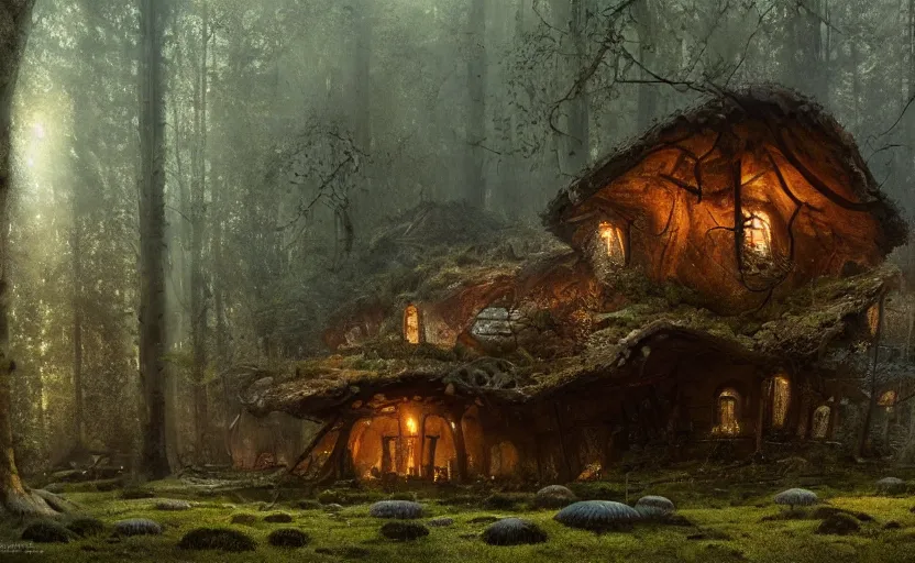 Image similar to A mushroom house that has been destroyed and now it is in rumbles , light coming from the windows, in a dark forest, macro, underexposed, overecast, mysterious matte painting by greg rutkowski and marc simonetti and Ivan Shishkin