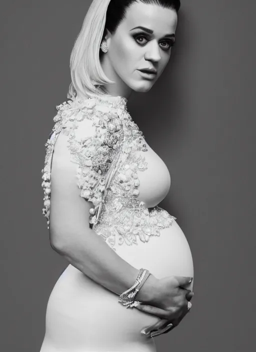 Image similar to cinematic photography of pregnant katy perry in a white dress, intricate, elegant, highly detailed, smooth, sharp focus, symmetrical face, fine details, masterpiece, trending on artstation, 4 k hdr 3 5 mm photography