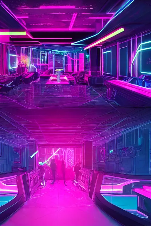 Prompt: cyberpunk synthwave nightclub interior, pink neon lights, futuristic, cgsociety, in the style of artstation