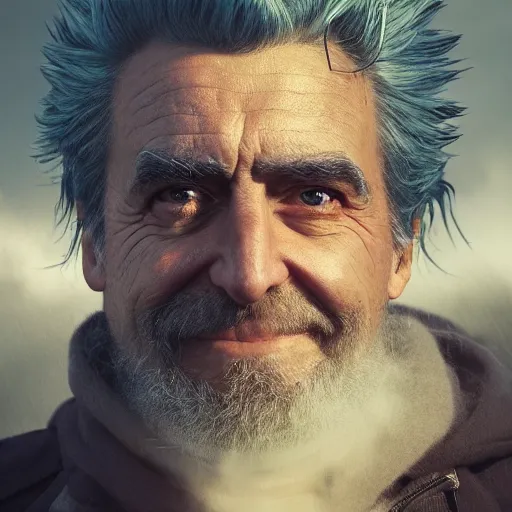 Image similar to rick Sanchez in real life, face centered portrait, Confident, fog, rain, volumetric lighting, beautiful, golden hour, sharp focus, ultra detailed, cgsociety by Leesha Hannigan, Ross Tran, Thierry Doizon, Kai Carpenter,Ignacio Fernández Ríos