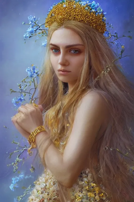 Image similar to a pale Persian girl with golden hair, floral crown, sad blue eyes, cinematic lighting, ultra detailed, highly detailed, sharp focus, golden background with flowers, golden jewellery with blue sapphires, photographic, art by artgerm and greg rutkowski and zdislav beksinski