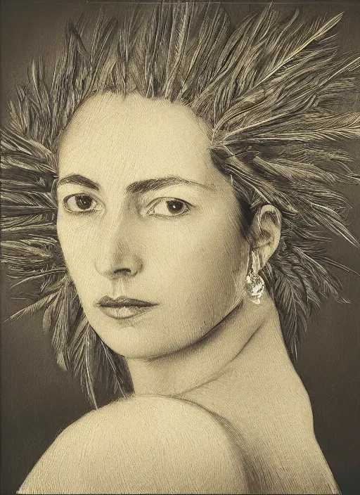 Image similar to a woman's face in profile, made of exotic silver feathers, in the style of the Dutch masters and Gregory Crewdson, dark and moody