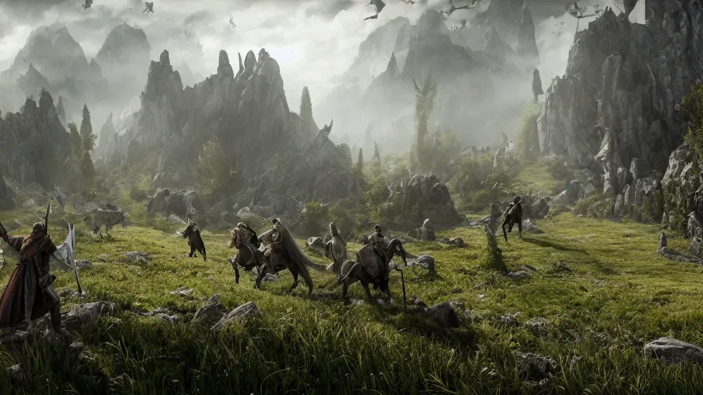 Image similar to screenshot from the new Lord of the Rings open-world videogame, minimap in the corner, high detail hud, third person game, Elves, the Hobbit, Unreal Engine, high quality, next-gen graphics, 4k, epic, cinematic, fantasy, Tolkien,