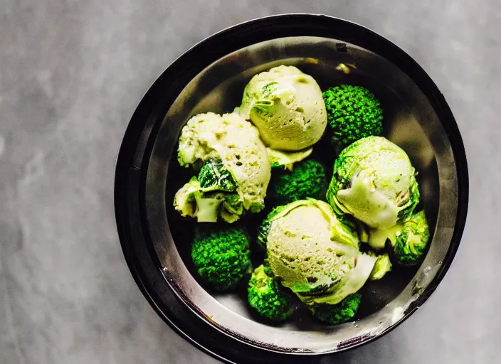 Prompt: dslr food photograph of broccoli and brussel sprout ice cream, 8 5 mm f 1. 8