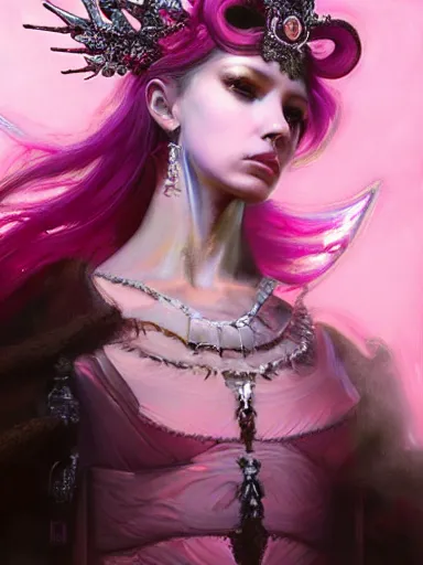 Prompt: pink portrait of beautiful female angel queen Lisa blackpink head wearing shiny pink crown, subtle purple accents, hyper details, black metal rococo, sculpted by Alex Alice, Craig Mullins, yoji shinkawa, trending on artstation, beautifully lit, Peter mohrbacher, hyper detailed, insane details, intricate, elite, elegant, luxury, ray of light through smoke, CGsociety, hypermaximalist, golden ratio, volumetric, octane render, weta digital, micro details, 3d sculpture