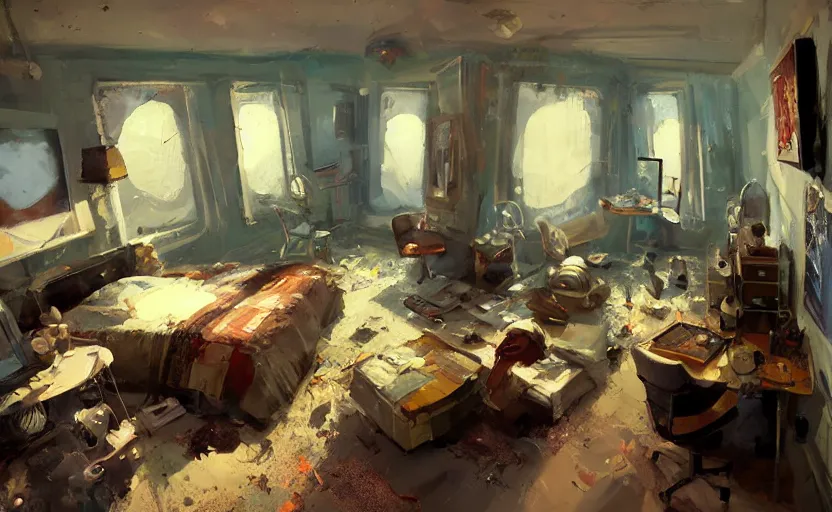 Image similar to a messy bedroom interior, scifi capsule apartment, painting by Craig Mullins, octane rendering, soft lighting, wide angle lens, worm's-eye view, in the style of Pixar animation, trending on artstation,