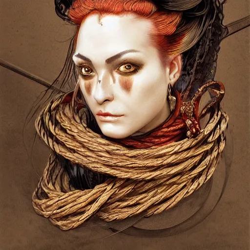 Image similar to portrait of a Shibari rope wrapped face and neck, headshot, insanely nice professional hair style, dramatic hair color, digital painting, of a old 15th century, old cyborg merchant, amber jewels, baroque, ornate clothing, scifi, realistic, hyperdetailed, chiaroscuro, concept art, art by Franz Hals and Jon Foster and Ayami Kojima and Amano and Karol Bak,