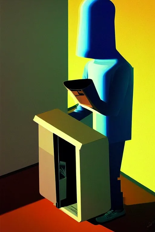 Image similar to the trashcan is actually a person, a hacker wearing oculus and digital glitch head edward hopper and james gilleard zdzislaw beksisnski higly detailed