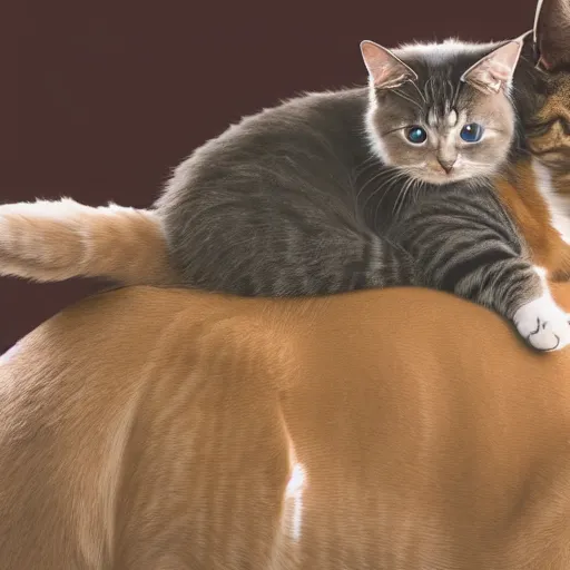 Image similar to a cat riding on a dog's back, hd photograph.