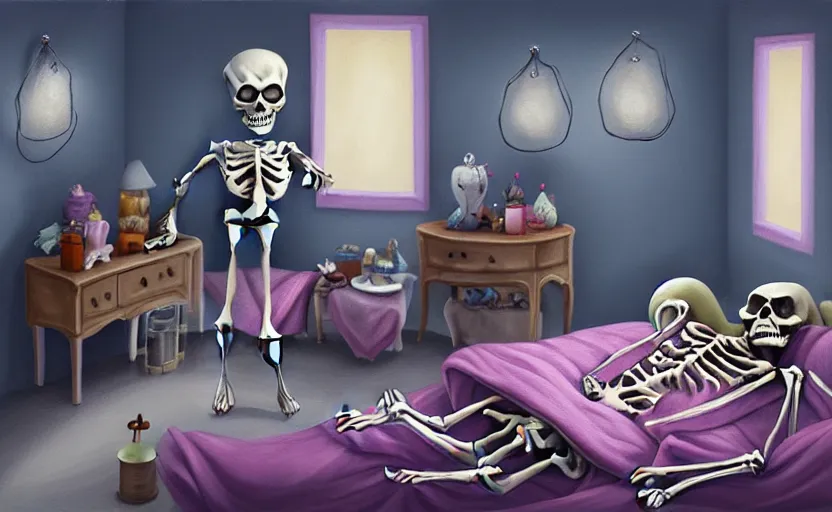 Image similar to matte oil painting of a skeleton dressed in pajamas and nightcaps and robes and slippers inside of a dim bedroom that is full of knickknacks and toys, sleepy, cozy, warm