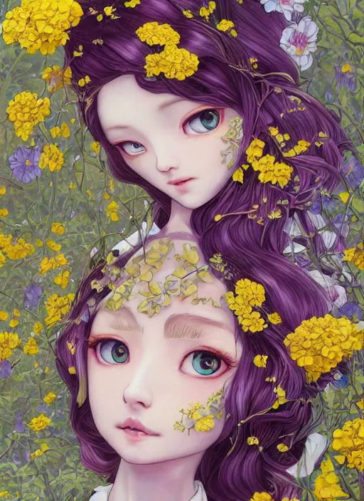 Prompt: elf girl wearing an flower suit, soft hair. light color palate, purple, yellow and white. detailed soft painting, ayami kojima, made in abyss, anatomically correct, ilya kuvshinov, inspired in balthus, high detailed face anime, vogue magazine, glorious composition, mobile wallpaper, trending on pixiv