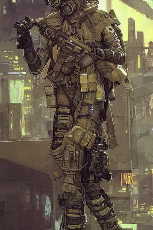 Image similar to Dinah. USN special forces futuristic recon operator, cyberpunk military hazmat exo-suit, on patrol in the Australian autonomous zone, deserted city skyline. 2087. Concept art by James Gurney and Alphonso Mucha