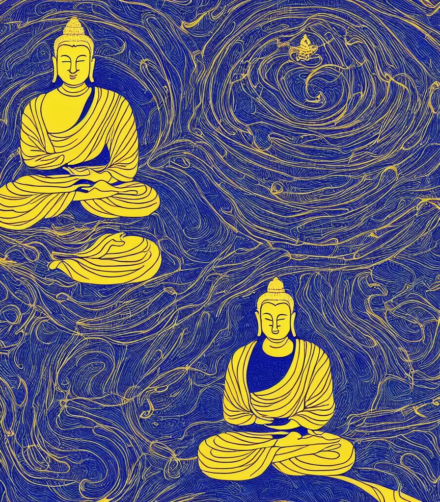 Image similar to a beautiful lineart painting of who buddhas meditating on a big cliff gazing into the universe, 4 k, high resolution, symmetrical lines, blue and gold color scheme, golden ratio