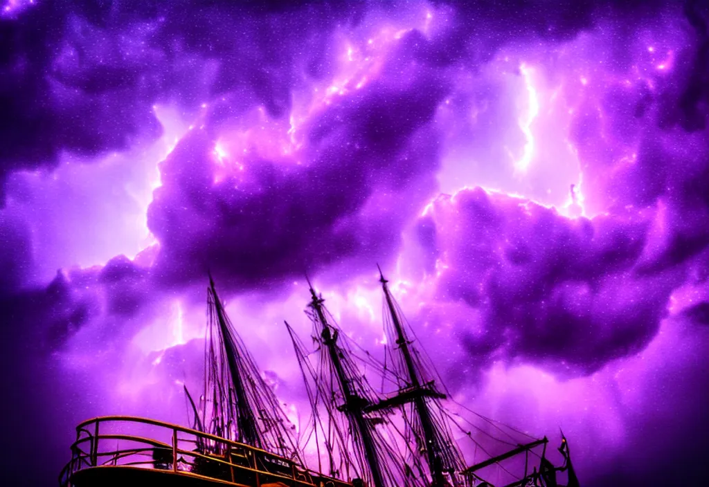 Image similar to purple color lighting storm with stormy sea close up of a pirate ship trippy nebula sky