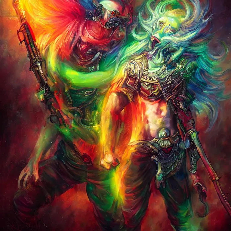 Image similar to fantasy portrait of a rainbow demon holding a gun and sword