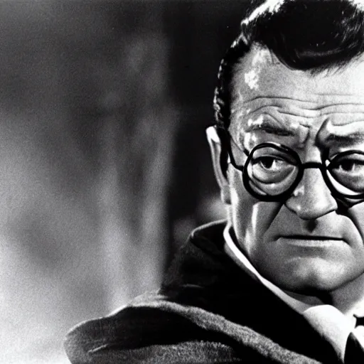 Prompt: a film still of john wayne as harry potter