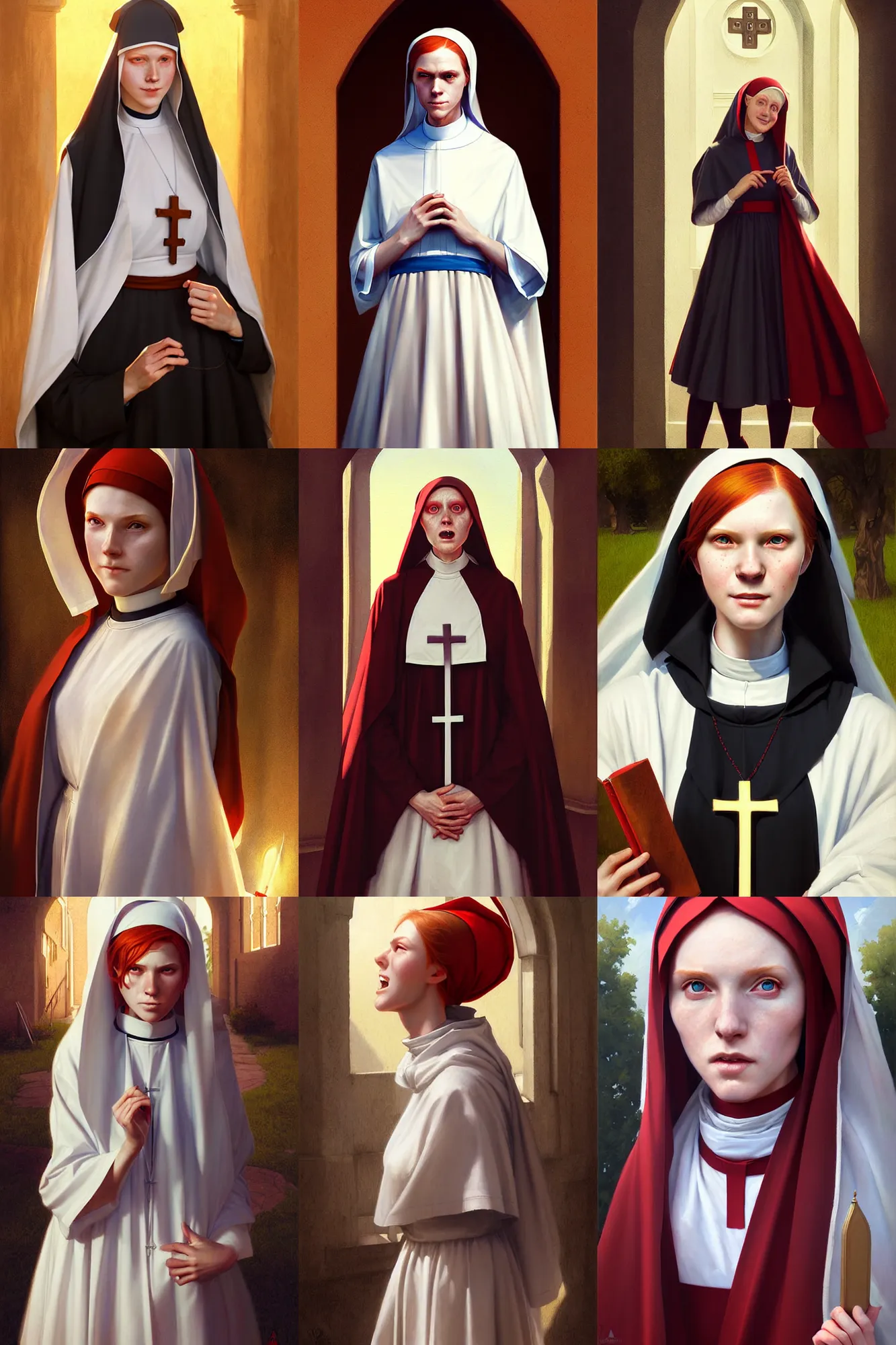 Prompt: a portrait of the daily life of a beaming young provocative redhead nun outside a convent. highly detailed painting. art by artgerm and greg rutkowski