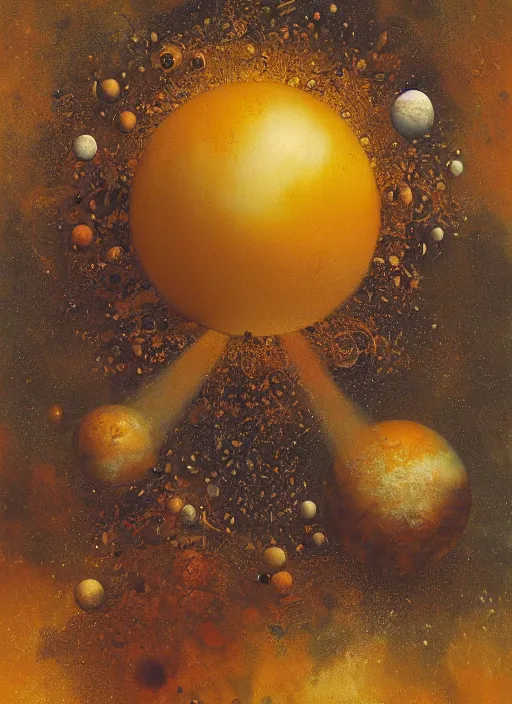 Image similar to spheres being covered by extremely detailed splatters of abstract gold paint, planets and moons engulfed in flames in the style of, pascal blanche, surreal, beksinski, high detailed