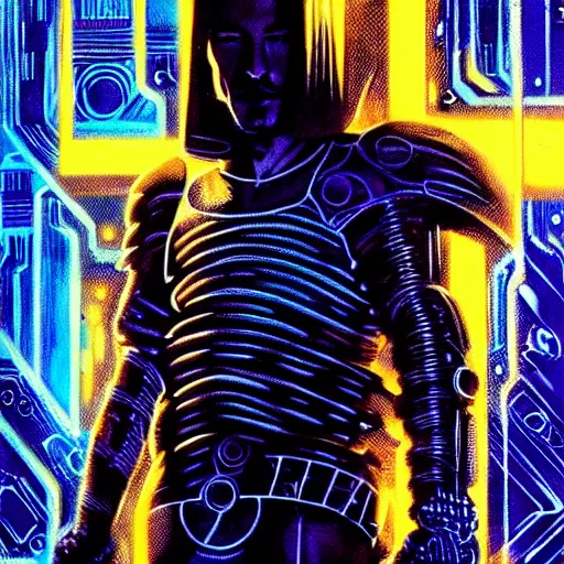 Image similar to keanu reeves as cyberpunk knight, atmospheric lighting, painted, intricate, golden hour, ultra detailed by philippe druillet