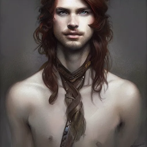 Image similar to portrait of a young curious ranger, male, masculine, upper body, red hair, long hair, soft hair, D&D, fantasy, intricate, elegant, highly detailed, digital painting, artstation, concept art, matte, sharp focus, illustration, art by Artgerm and Greg Rutkowski and Alphonse Mucha