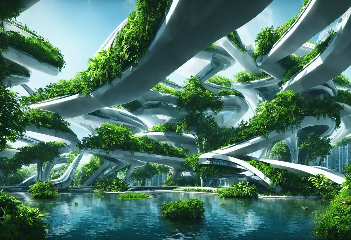 Image similar to futuristic architecture by zaha hadid, multi storey, connecting bridges, covered in lush foliage, surreal, ethereal bohemian garden, middle of gardens, cinematic shot, central square water feature, building inside the water, unreal engine, photorealistic, octane render