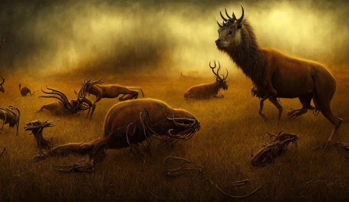 Image similar to epic professional digital art of hungry eyes, ambient golden light, painted, mysterious, cinematic terrifying prairie animals scene, eerie, mythic, detailed, intricate, grand, leesha hannigan, wayne haag, reyna rochin, ignacio fernandez rios, mark ryden, van herpen, artstation, cgsociety, epic, stunning, gorgeous, wow wow detail