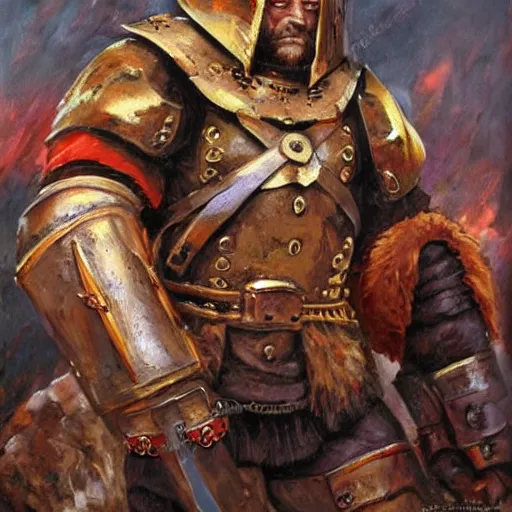 Image similar to a russian warrior who is wearing iron gauntlets in the shape of bear claws in the style of warhammer fantasy : : head and shoulders oil painting