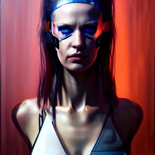 Image similar to cyberpunk cyborg fashion model portrait, hyperrealism oil painting, artstation